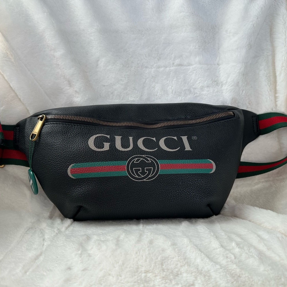 Unisex Gucci print pebbled leather belt bag size Large-Black